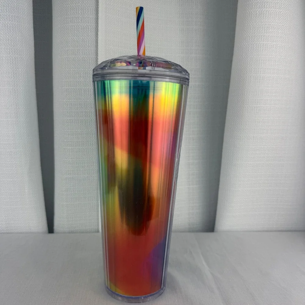 Starbucks 24oz Venti Iridescent Oil Slick Rainbow Tumbler Cup Dome Lid Straw